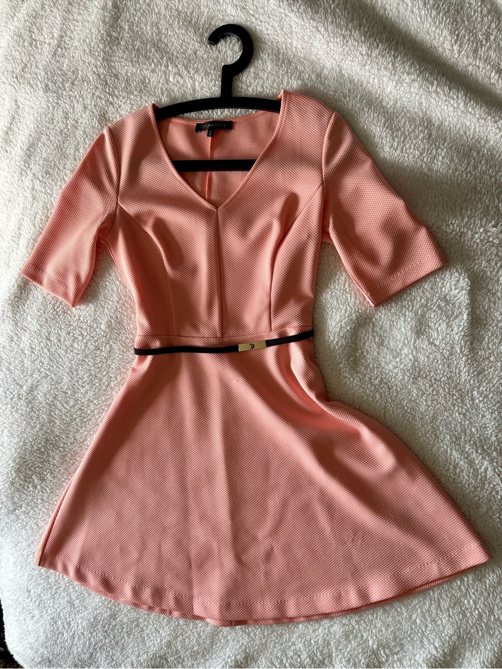 Dynamite Coral-Peach Textured V-Neck Top